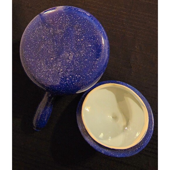 Vintage Blue Ceramic Crock Bowl with Handle & Lid - Picture 7 of 8